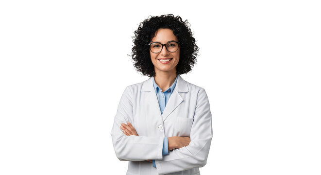 Smiling female doctor wearing lab coat with arms crossed isolated on transparent background