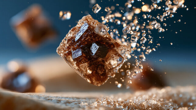 Crystalline sodium chloride pinch suspended mid-fall above smooth gypsum surface, individual cubic halite crystals refracting sidelight, macro mineral detail, culinary ingredient isolated in diffuse