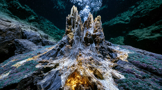 Deep sea hydrothermal vent chimney structure rising from basaltic ocean floor, mineral-laden superheated fluid precipitating iron sulfide tower edifice, dramatic low angle framing against abyssal da