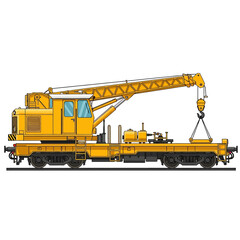 Obraz premium Yellow railway crane on tracks, heavy machinery illustration isolated