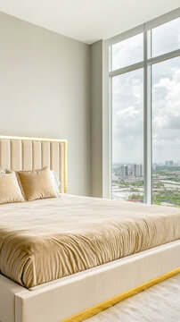 A bed sits next to a large window in a bedroom