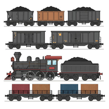 Vintage train carriages and locomotive on white background