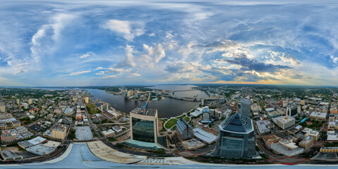 Obraz premium Aerial 360 VR photo of Downtown Jacksonville Florida at cloudy sunset 2026