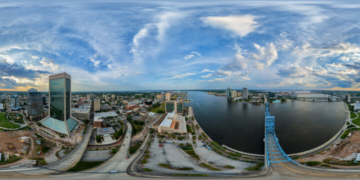 Aerial 360 VR photo of Jacksonville downtown district by the river and bridges