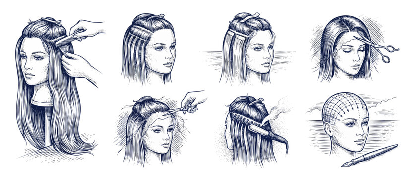 Hair extensions application method diagrams showing professional stylists cutting wig lace, applying tape in hairpieces, and mapping head zones in a vintage etching engraving line art style for beauty