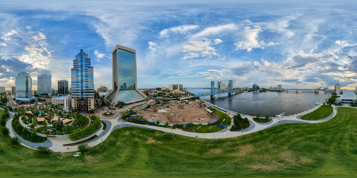 Aerial 360 VR photo of parks construction Downtown Jacksonville Florida 2026