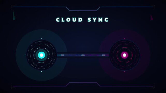Cloud sync digital interface animation: data transfer and network connectivity hud