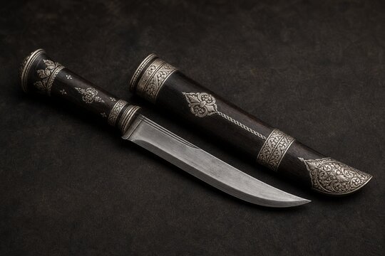 Traditional Burmese straight-blade knife with silver inlay on a dark background.