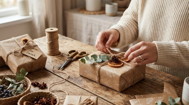 Wrapping gifts with natural materials, brown paper, and twine, eco-friendly packaging