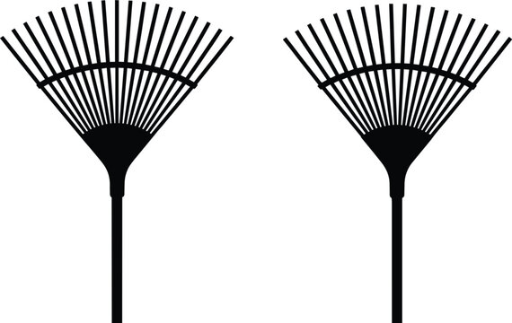 Garden rake silhouettes set, landscaping and lawn maintenance tools isolated for horticulture vector illustration