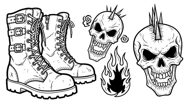 Punk rock symbols with boots and skulls.