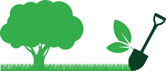 Tree and gardening concept illustration, green landscape with shovel and seedling representing environmental growth © Ara