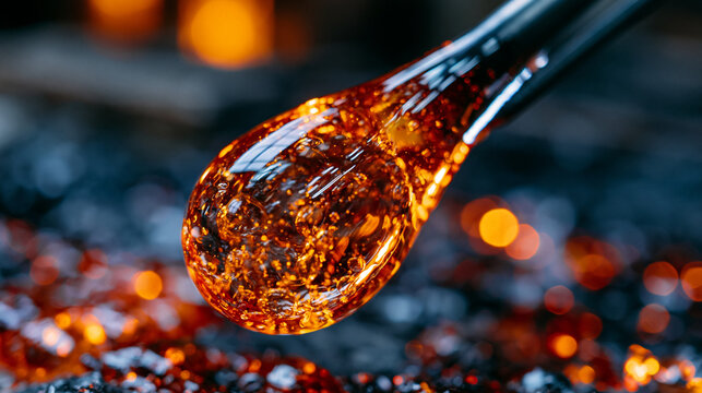Molten borosilicate glass gather on steel blowpipe tip glowing amber at furnace mouth, dramatic storm background contrast against incandescent gather surface, glassblowing studio refractory brick vi
