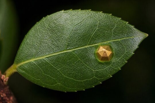 A single native leaf with a perfectly geometric and ominous golden gall attached.