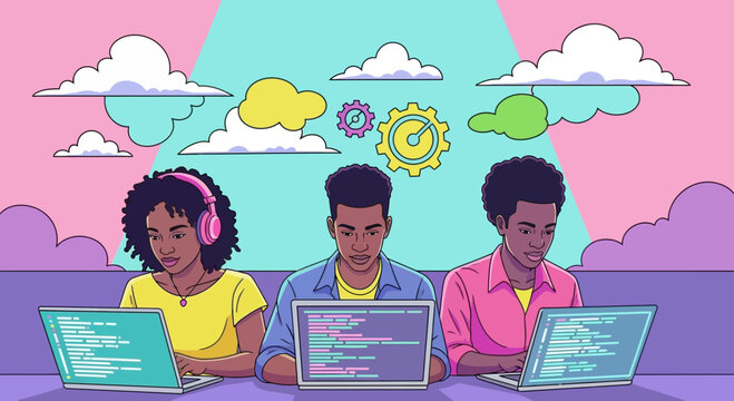 Group of young diverse people coding on laptops together