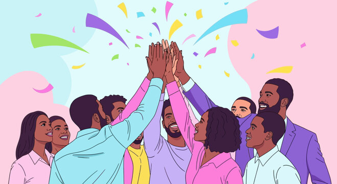 Diverse group of happy people high five for team success