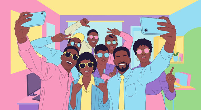 Diverse group of young friends taking a fun group selfie