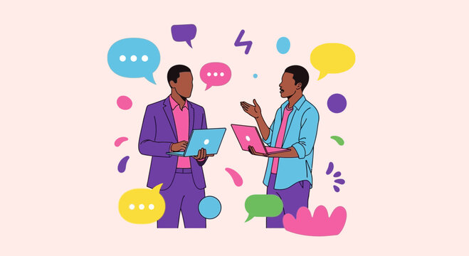 Two businessmen talking with laptops and speech bubbles
