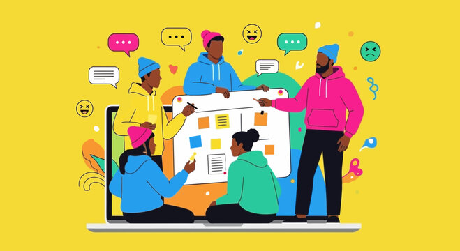 Diverse team collaborating on a project strategy board