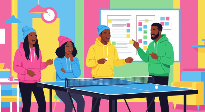 Diverse friends playing table tennis in a colorful office