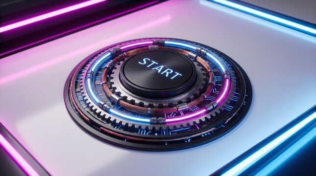Futuristic Restart Button Interface for Business Recovery and Digital Transformation