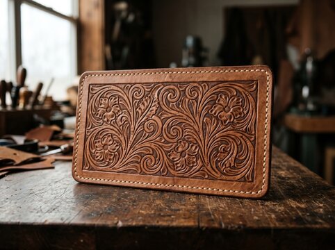 tooled leather panel floral scroll pattern western style stitching
