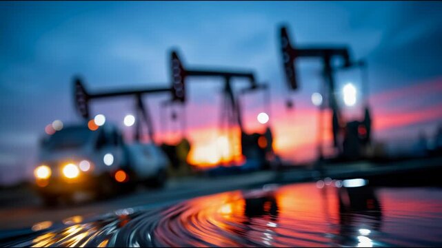 Oil pumpjacks and industrial vehicles operating at a remote oilfield during a vivid sunset, representing petroleum production and energy infrastructure