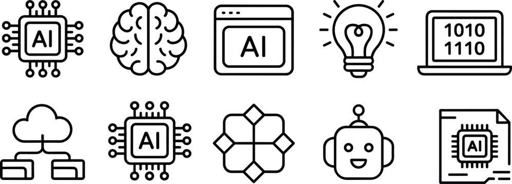Artificial intelligence and machine learning line icon set featuring human brain microchip cloud computing data and robot head