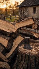 Fototapeta premium Chopping Wood at Sunset