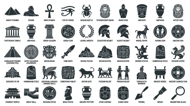 Collection of diverse ancient civilization symbols and artifacts