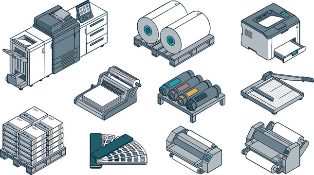 Printing and Publishing Equipment Collection Illustration, Commercial Print Production Machines Set, Isometric Vector Design Artwork