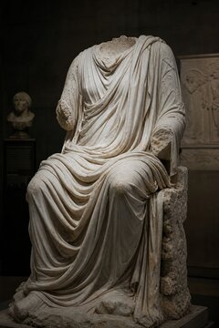 A headless marble statue with detailed toga folds in a museum setting.