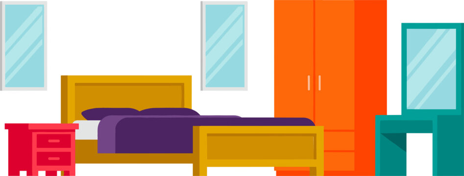 Modern Bedroom Furniture Vector Set Featuring Wooden Double Bed Red Nightstand Orange Wardrobe Closet Teal Dressing Table Mirror and Window Frame Icons
