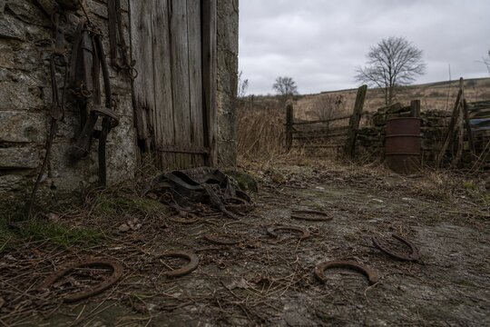 An abandoned farmyard corner with rusty horseshoes and leather.