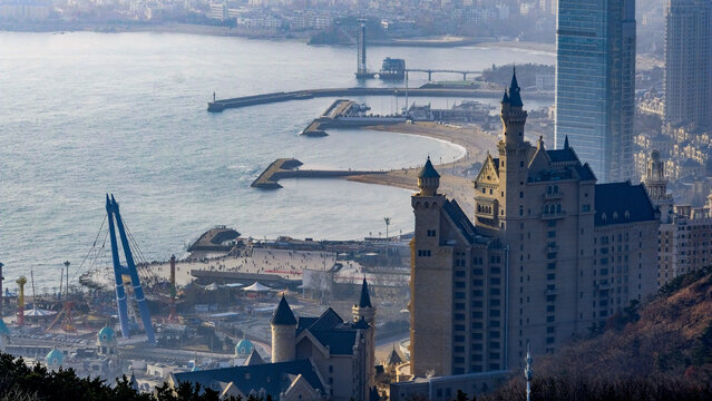 Coastal Cityscape with Castle Hotel and Beach in Dalian, China