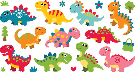 Obraz premium Collection of ten cute cartoon dinosaurs arranged in a set for children educational design projects