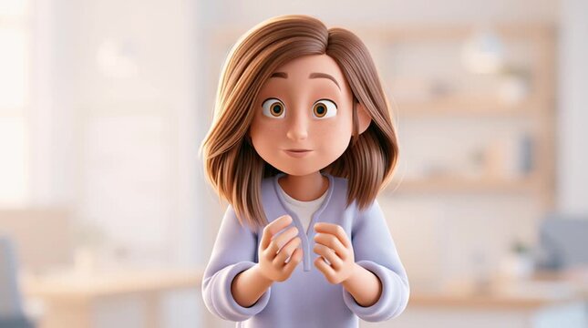 Cute stylized 3D cartoon influencer speaking directly to camera with expressive facial animation and hand gestures, modern gradient background, seamless loop, vertical format