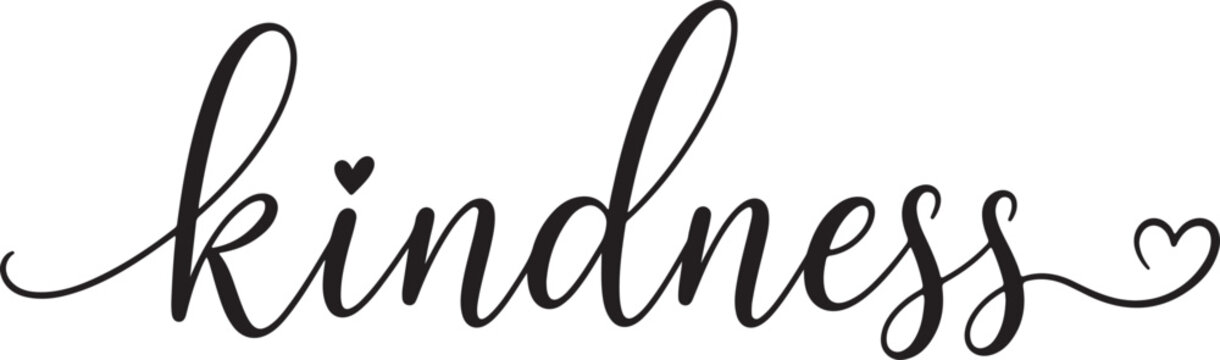 Kindness word written in elegant black cursive calligraphy font with small heart icons