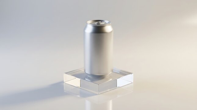 Blank silver aluminum soda can standing on a clear glass square pedestal. lata refresco