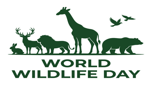 Wildlife silhouettes including a rabbit, deer, lion, giraffe, and bear are arranged in a green graphic design for World Wildlife Day.