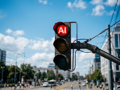 traffic light red ai text blue sky artificial intelligence regulation
