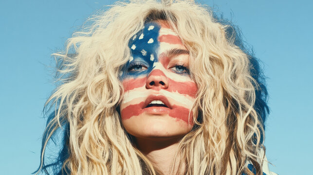 female model with patriotic usa flag face paint celebrating fourth of july independence day