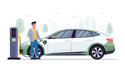 Naklejka premium Electric Car Charging: Man refueling EV at station, eco-friendly transport concept