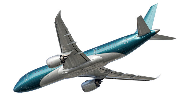 Modern airplane with teal and silver livery, viewed from below, isolated on transparent background