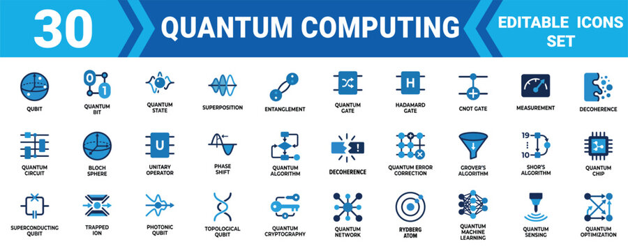 Set of 30 quantum computing icons featuring technology symbols and digital elements for science and future research Vector