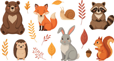 Cute Woodland Animals Sticker Set with Cartoon Bear Fox Snail Raccoon Hedgehog Rabbit and Squirrel Among Autumn Leaves for Children Illustration Designs © MDMASUD
