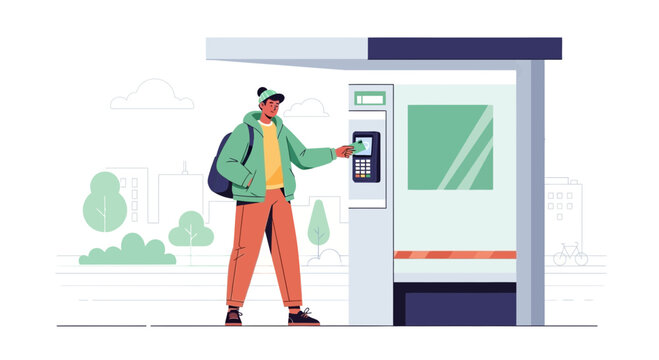 Man using smart card at ticket machine at bus stop, urban transport illustration