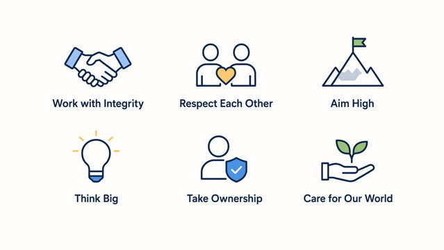Icons representing company core values with corresponding text labels