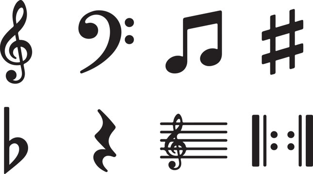 Black and white music notation symbols: treble clef, bass clef, sharp, flat, natural, and rest sharp sign