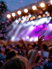 Fototapeta premium Crowd Dancing at Summer Music Festival With Bright Lights and Confetti